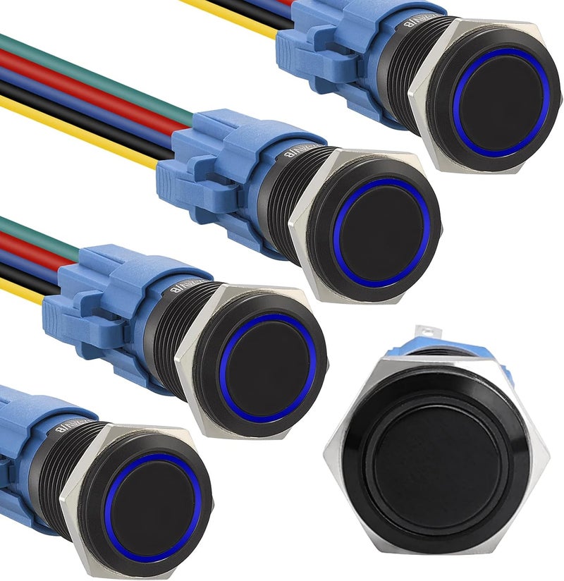 STARELO 5pcs 19mm Latching led Push Button Switch Black Shell, IP65 Waterproof Push Button Switch,1NO 1 NC with Wire Socket Plug,Self-Locking with LED(Blue). - Image 1